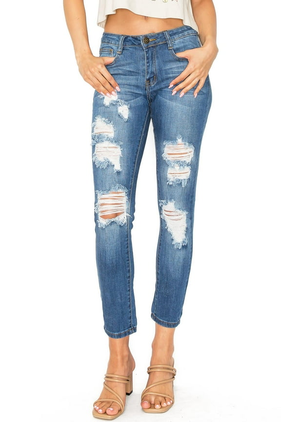 Women's Juniors Mid Waist Distressed Skinny Jeans (Med Denim, 3)
