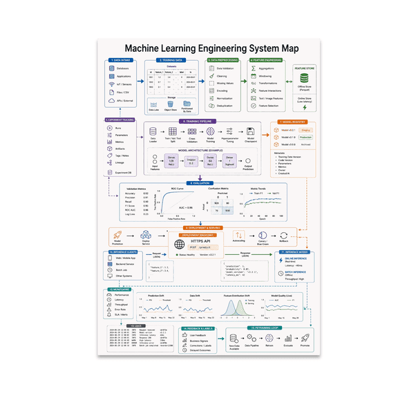 Machine Learning Engineering System Map Poster, Ml Engineers, AI Teams, and AI Team Office, 13x19 Glossy Paper