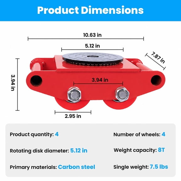 Machine Moving Dolly 4-Pack, 8T Heavy Load Skate, 360 Swivel Plate Mover for Warehouse, Factory, Plant, Garage Transport