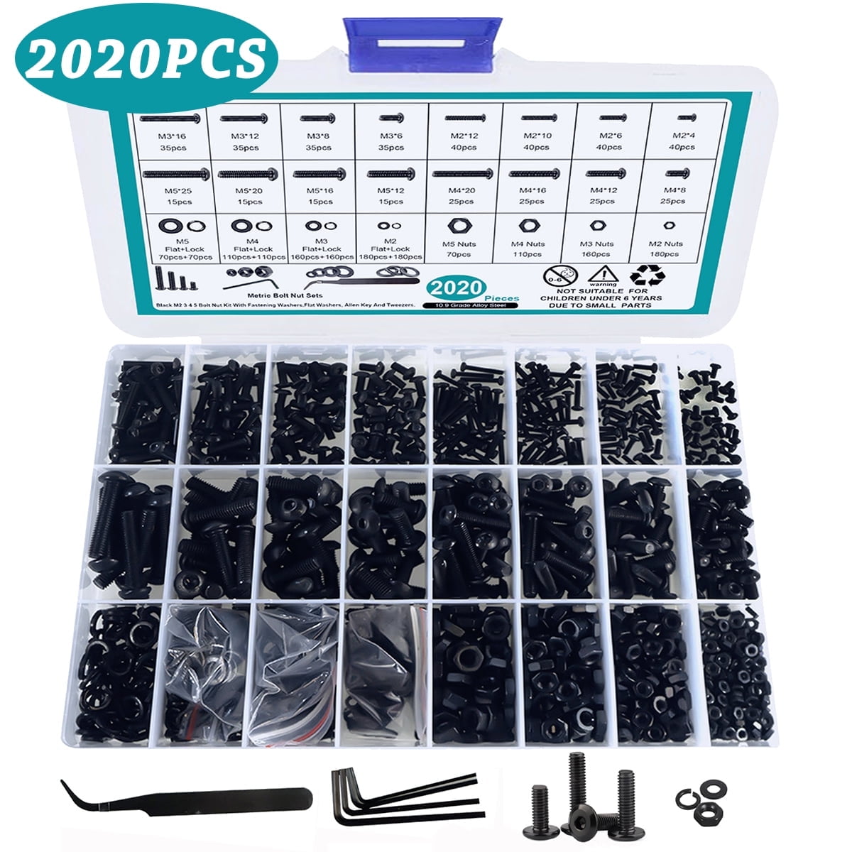Machine Screw Assortment Kit M2 M3 M4 M5 Metric Bolts and Nuts Kit with Lock and Flat Washers Hex Button Head 10.9 Alloy Steel Cap Screw Set with Allen Wrench 2020 Pcs