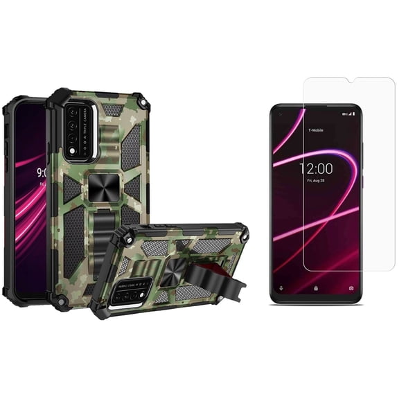 Machine Shield Case for REVVL V+, V Plus 5G (Heavy Duty Rugged Protection Kickstand Cover) with Belt Clip Holster, (2-Pack) Tempered Glass Screen Protectors and Keychain Touch Tool - Green Camo