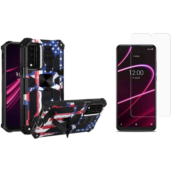 Machine Shield Case for REVVL V+, V Plus 5G (Heavy Duty Rugged Protection Kickstand Cover) with Belt Clip Holster, (2-Pack) Tempered Glass Screen Protectors and Keychain Touch Tool - American Flag