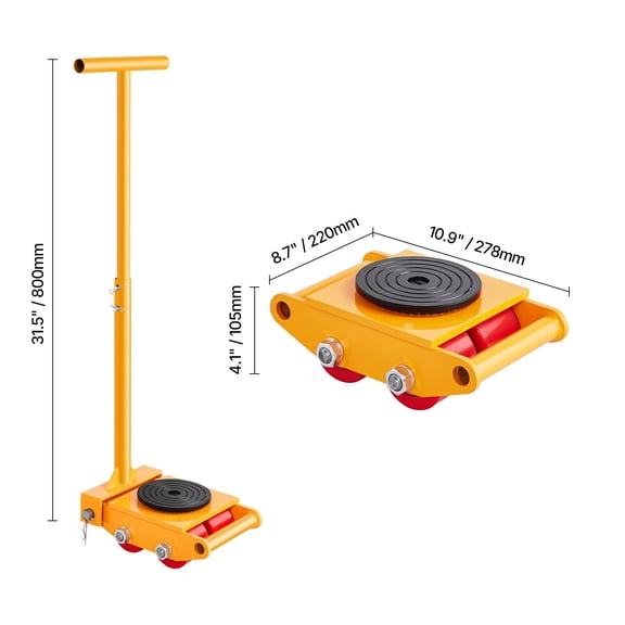 Machine Skate, 6T Machinery Skate Dolly, 13228 lbs Machinery Moving Skate, Machinery Mover Skate with 360 Rotation Cap and PU Directional Rollers, Heavy Duty Industrial Moving Equipment, Yellow