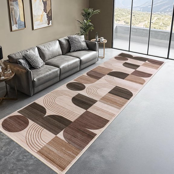 Machine Washable 2.7x10 Runner Rug, Soft Modern Geometric Abstract Brown Rugs for Bedroom Living Room, Non-Shedding Faux Wool Indoor Throw Floor Carpet for Office Entryway Dining Room Decor