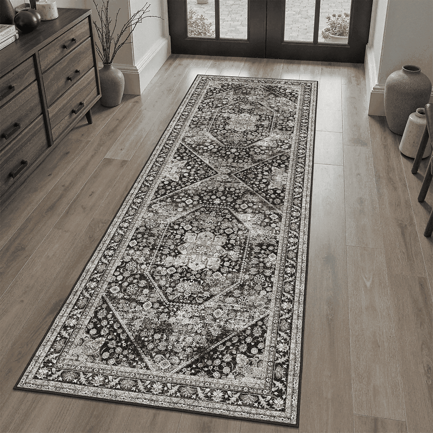 2x6 Runner Rug, Washable, Non-Slip, Stain-Resistant Low-Pile Vintage Floral Persian Rug for Kitchen, Entryway, Passage, -Black