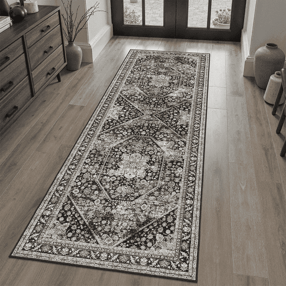 2x6 Runner Rug, Washable, Non-Slip, Stain-Resistant Low-Pile Vintage Floral Persian Rug for Kitchen, Entryway, Passage, -Black