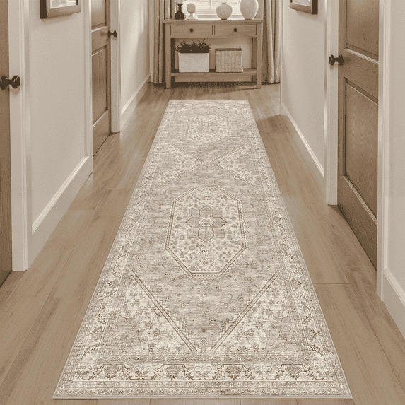 Machine Washable 2x6 Runner Rug, Non Slip Stain Resistant Vintage Floral Long Runner for Hallways Kitchen Bathroom, Soft Low Pile-Brown