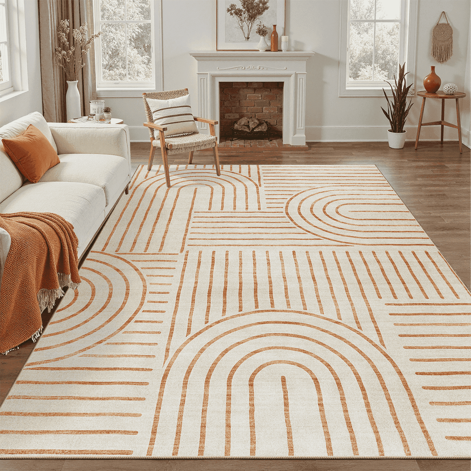 Machine Washable 8x10 Area Rugs, Midcentury Modern Non Slip Stain Resistant Rug for Living Room, Playroom, Bedroom, Soft Low Pile Large Carpet-Beige