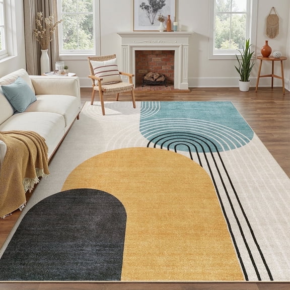 Machine Washable 8x10 Area Rugs, Midcentury Modern Stain Resistant Rug for Living Room, Playroom, Dining Room, Soft Low Pile Large Carpet-Yellow