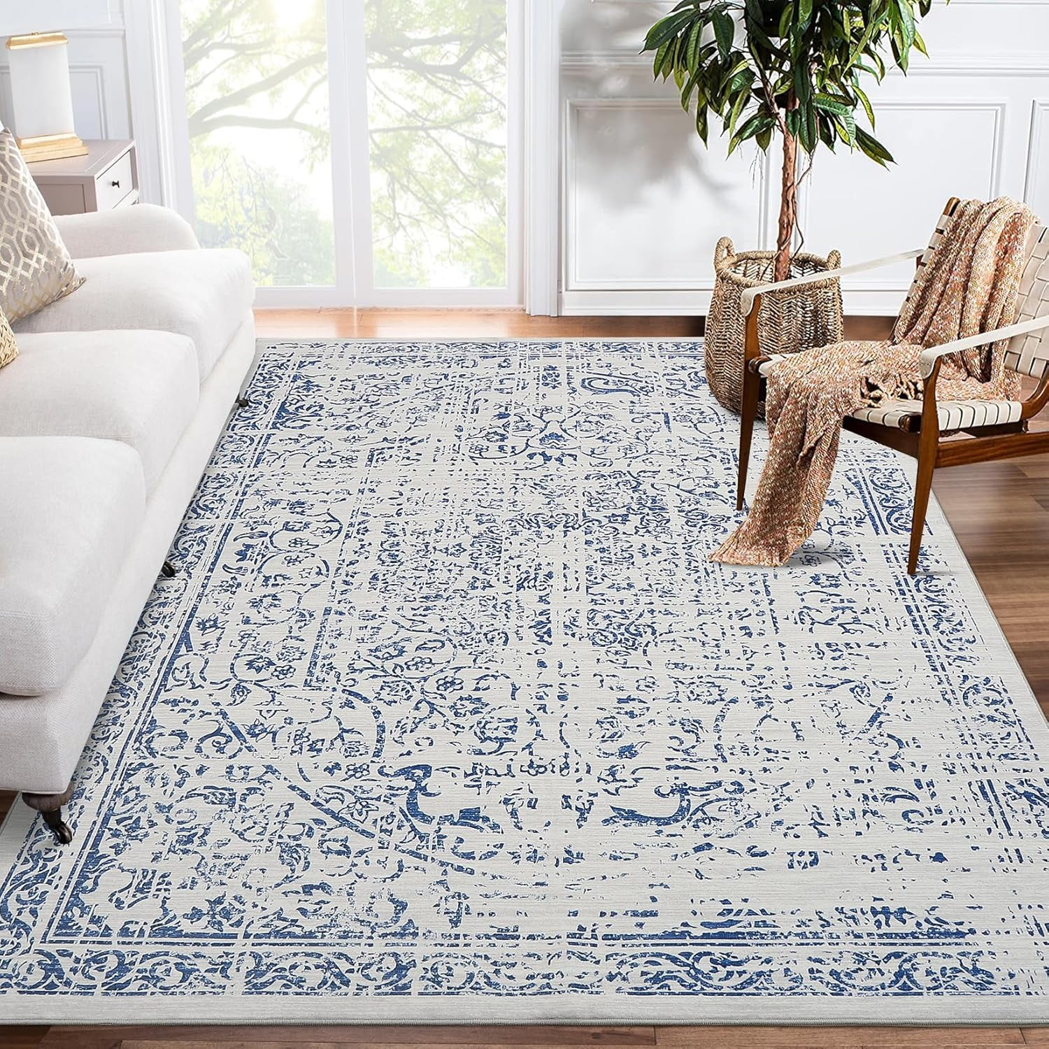 Machine Washable 9x12 Area Rugs Vintage Rugs Non Slip Low Pile Water Resistant Soft Print Pattern Carpet Indoor Decor Polyester Rug Blue