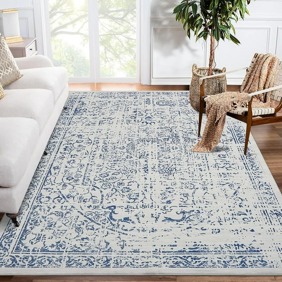 Machine Washable 9x12 Area Rugs Vintage Rugs Non Slip Low Pile Water Resistant Soft Print Pattern Carpet Indoor Decor Polyester Rug Blue