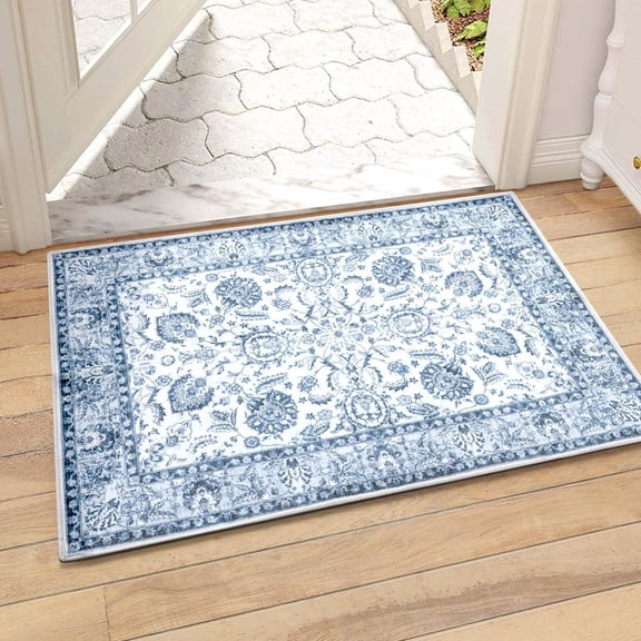 Machine Washable Area Rug-2x3 Boho Non-Slip Entryway Rug Doormat Stain Resistant Non-Shedding Distressed Throw Carpet for Bedroom Living Room Kitchen Bathroom, Dark Blue