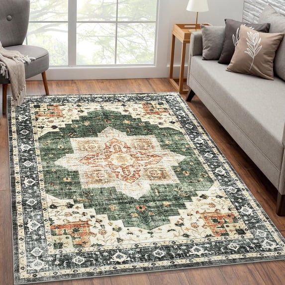 Machine Washable Area Rug 4' x 6', Non Slip Backing Low Pile Rugs Boho Vintage Foldable Stain Resistant Indoor Carpet for Bedroom Living Room Playroom, Green