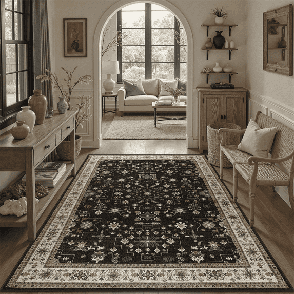 Machine Washable Area Rug 4x6, Non Slip Stain Resistant Vintage Floral Rug for Living Room Bedroom Dining Room, Soft Low Pile Large Carpet-Black