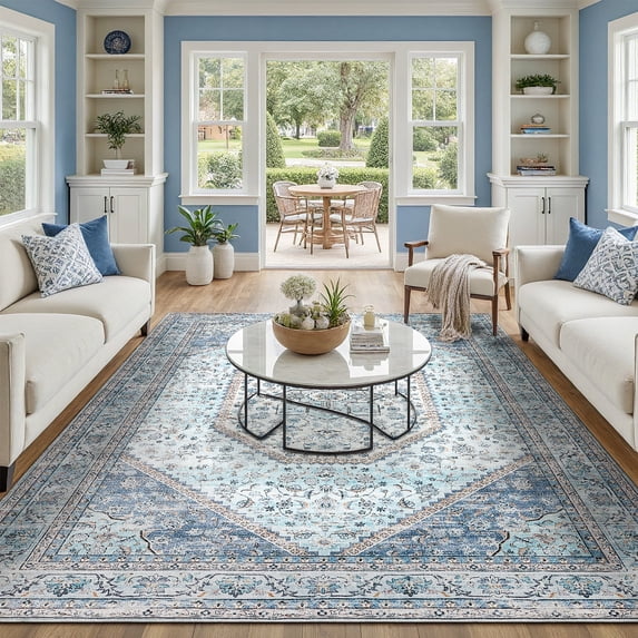 Machine Washable Area Rug 4x6, Non Slip Stain Resistant Vintage Floral Rug for Living Room Bedroom, Soft Low Pile Carpet-Blue & Beige