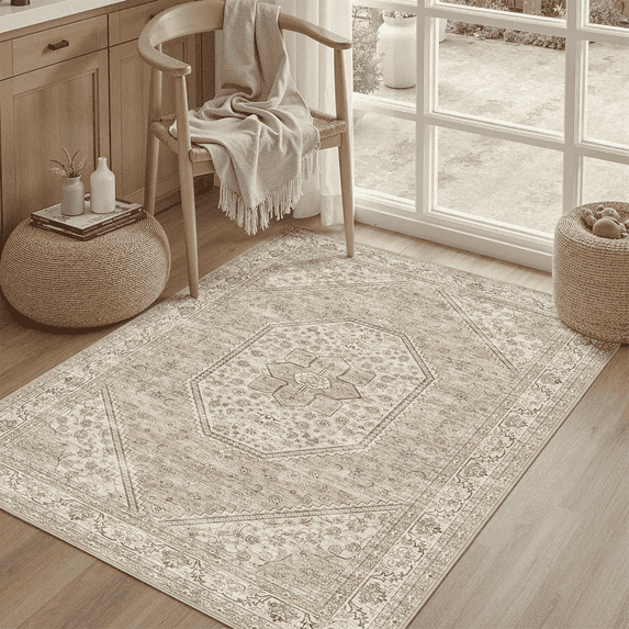 Machine Washable Area Rug 4x6, Non Slip Stain Resistant Vintage Floral Rug for Living Room Bedroom, Soft Low Pile Carpet-Brown