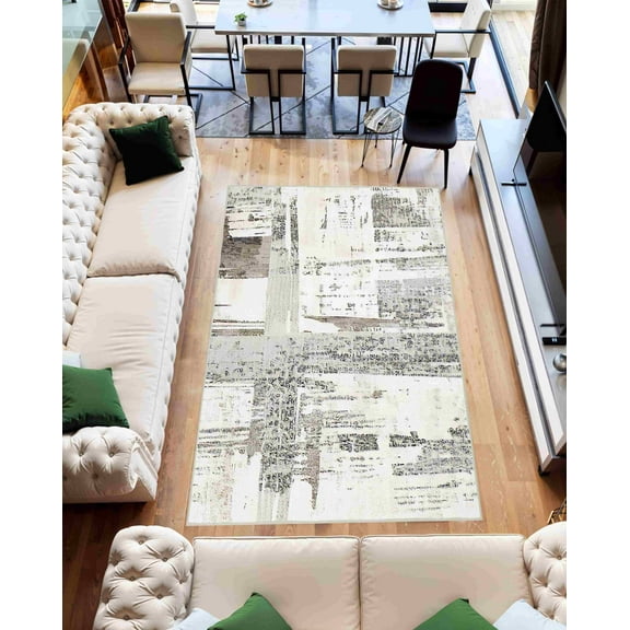 Machine Washable Area Rug 5x7 with Anti-Slip Backing Abstract Living Room Carpet Design 7701 Color Grey