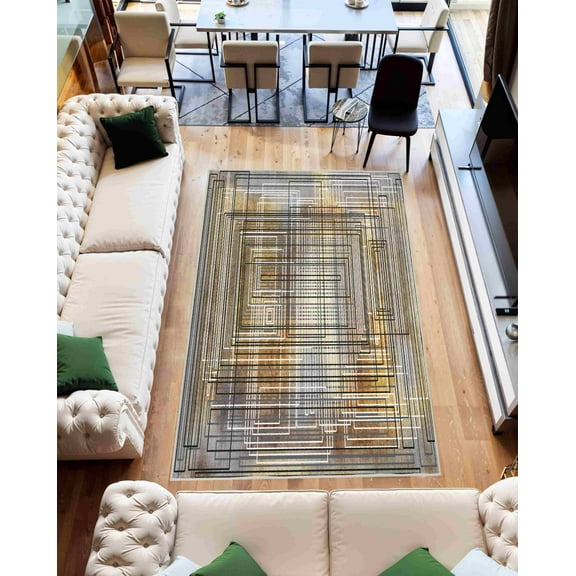 Machine Washable Area Rug 5x7 with Anti-Slip Backing Abstract Living Room Carpet Design 7704 Color Grey Beige