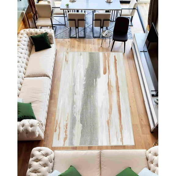 Machine Washable Area Rug 5x7 with Anti-Slip Backing Abstract Living Room Carpet Design 7707 Color Grey Cream