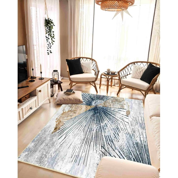 Machine Washable Area Rug 5x7 with Anti-Slip Backing Abstract Living Room Carpet Design 7708 Color Grey Beige