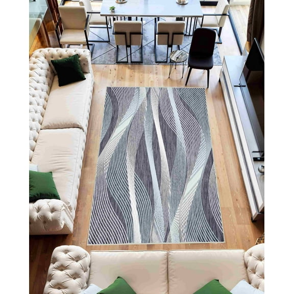 Machine Washable Area Rug 5x7 with Anti-Slip Backing Abstract Living Room Carpet Design 7709 Color Grey Beige