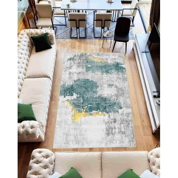 Machine Washable Area Rug 5x7 with Anti-Slip Backing Abstract Living Room Carpet Design 7711 Color Grey Green