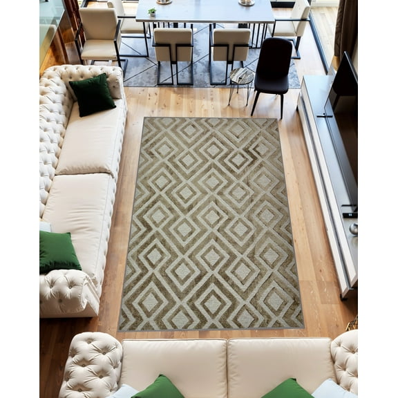 Machine Washable Area Rug 5x7 with Anti-Slip Backing Abstract Living Room Carpet Design 7714 Color Beige