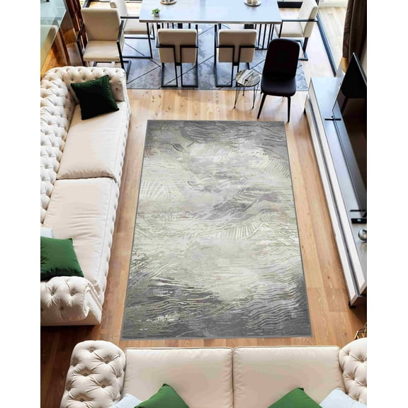 Machine Washable Area Rug 5x7 with Anti-Slip Backing Abstract Living Room Carpet Design 7772 Color Grey