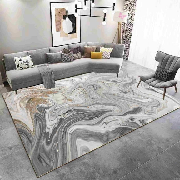 Machine Washable Area Rug 5x7 with Anti-Slip Backing Abstract Living Room Carpet Design 7774 Color Grey