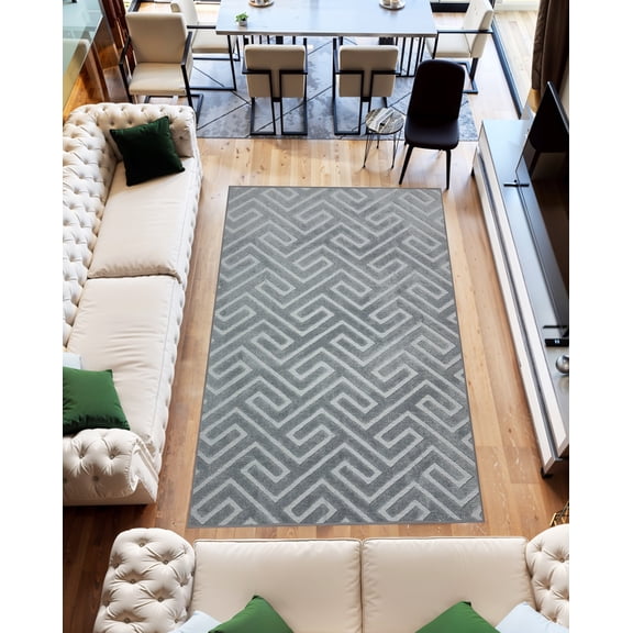 Machine Washable Area Rug 5x7 with Anti-Slip Backing Abstract Living Room Carpet Design 7777 Color Grey