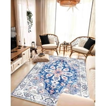 Machine Washable Area Rug 5x7 with Anti-Slip Backing Oriental Living Room Carpet Design 7770 Color Blue
