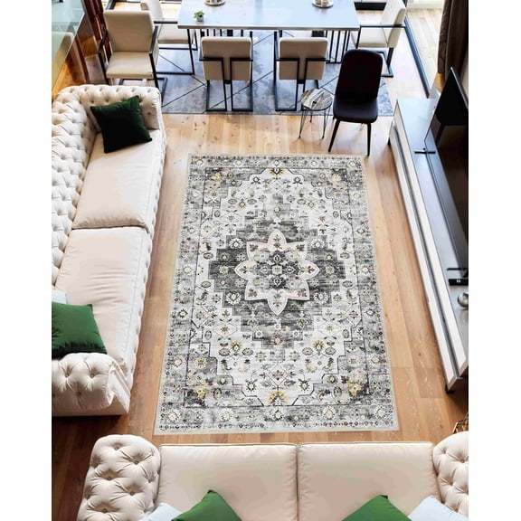 Machine Washable Area Rug 5x7 with Anti-Slip Backing Oriental Living Room Carpet Design 7771 Color Grey