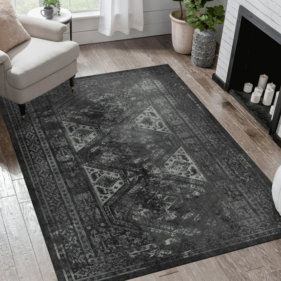 Machine Washable Area Rug 6x9 - Non-slip, Non-shedding, Stain Suitable For Bedroom, Living Room, Kitchen, Dining Room Black + Gray Rugs Washable, Low-pile, Ideal