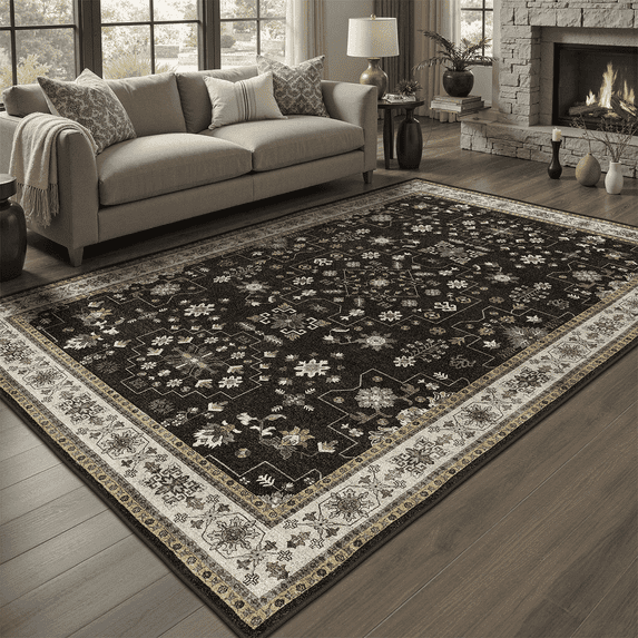 Machine Washable Area Rug 9x12, Non Slip Stain Resistant Vintage Area Rug for Living Room Diningroom Bedroom Nursery, Soft Low Pile Large CarpetBlack