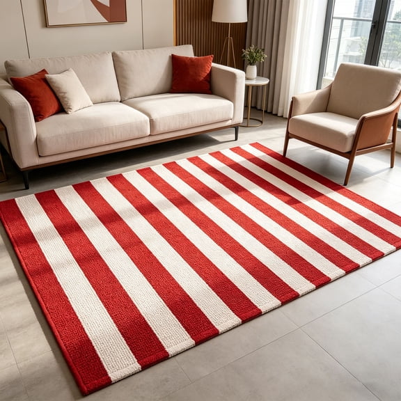 Machine Washable Area Rug - Hand Woven, Stain Resistant, Pet Friendly - Recycled Polyester Yarn - Stripes - Bedroom, Living/Dining Room - Nantucket - Red & White - 70.9"X47.2" Home Decor