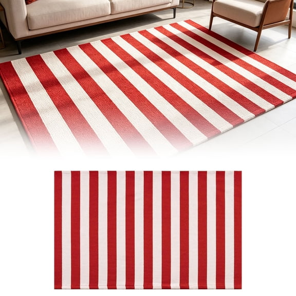 Machine Washable Area Rug - Hand Woven, Stain Resistant, Pet Friendly - Recycled Polyester Yarn - Stripes - Bedroom, Living/Dining Room - Nantucket - Red & White - 70.9"X47.2"