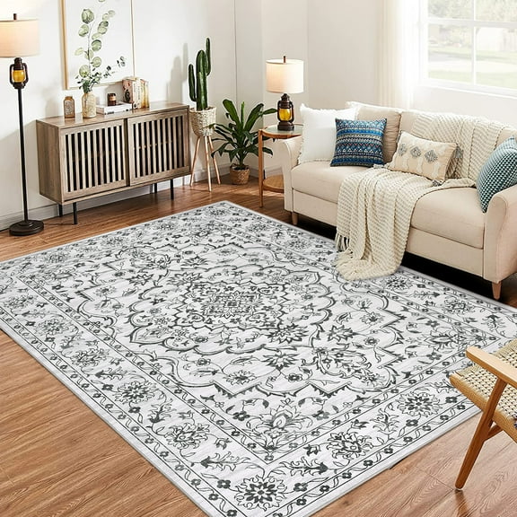 Machine Washable Area Rug for Living Room, Ultra-Thin Large Floral Print Rugs for Dining Room Home Office, Stain Resistant Non Slip Backing Carpet, 5*7/8*10/9*12 ft