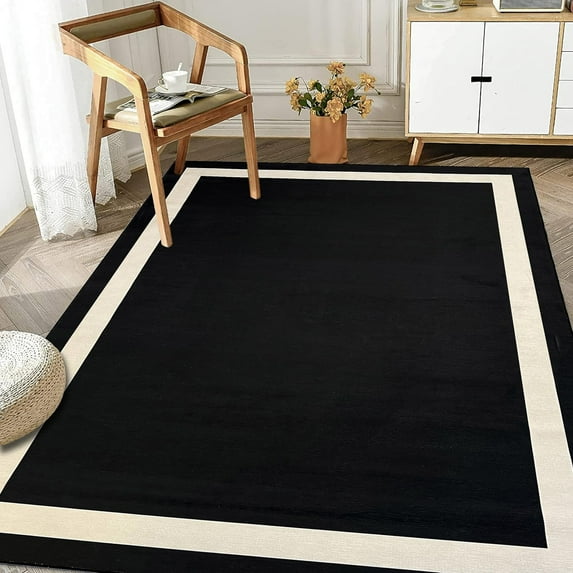 Machine Washable Area Rug Non Slip Backing & Ultra-Thin & Stain Resistant & Eco Friendly & Family and Pet Friendly - Everest Geometric Modern Bordered Black & Creme Design