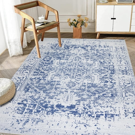 Machine Washable Area Rug Non Slip Backing & Ultra-Thin & Stain Resistant & Eco Friendly & Family and Pet Friendly - Himalayas Vintage&Modern Floral Traditional Abstract Navy & Creme Design