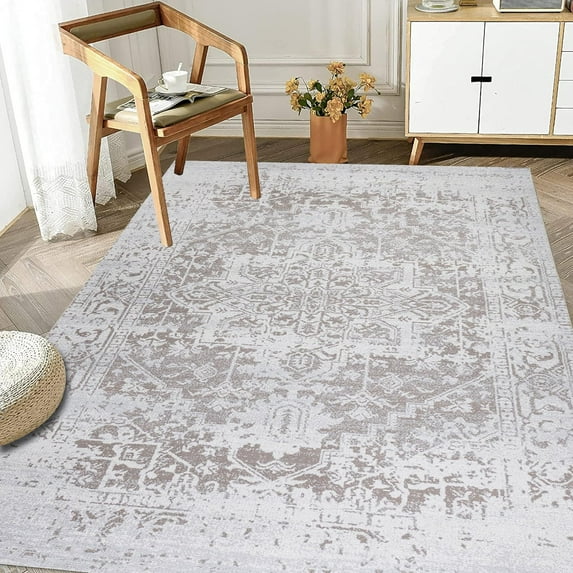 Machine Washable Area Rug Non Slip Backing & Ultra-Thin & Stain Resistant & Eco Friendly & Family and Pet Friendly - Himalayas Vintage&Modern Floral Traditional Abstract Beige & Creme Design