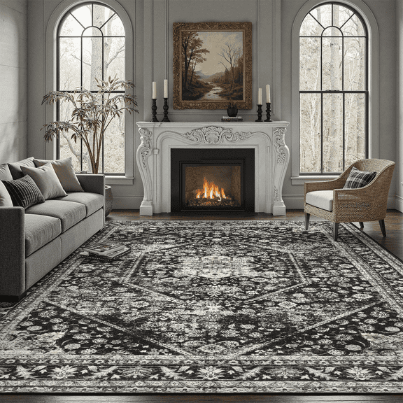Machine Washable Area Rugs 5x7, Non Slip Stain Resistant Vintage Floral Rug for Living Room Bedroom, Soft Low Pile Large Carpet - Black