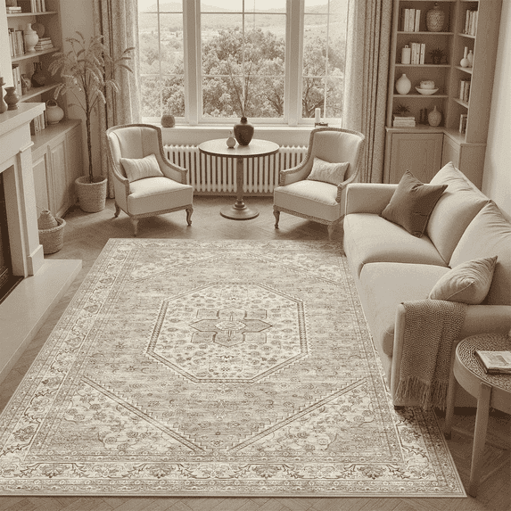 Machine Washable Area Rugs 5x7, Non Slip Stain Resistant Soft Low Pile Large Carpet Vintage Floral Rug for Living Room Bedroom- Brown