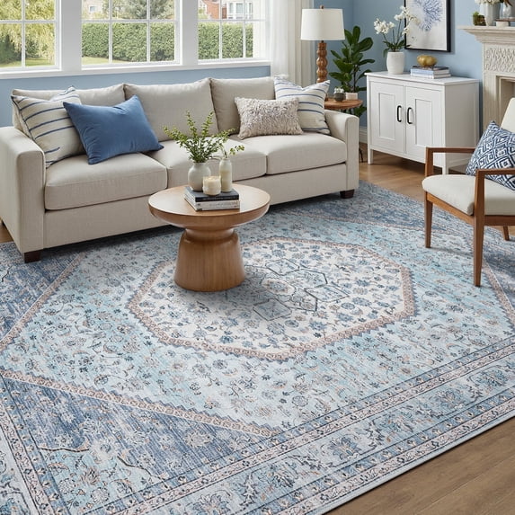 Machine Washable Area Rugs 8x10, Non Slip Stain Resistant Vintage Floral Rug for Living Room Bedroom, Soft Low Pile Large Carpet - Blue & Beige