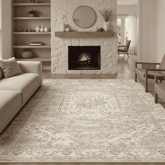 Machine Washable Area Rugs 8x10, Non Slip Stain Resistant Vintage Floral Rug for Living Room Bedroom, Soft Low Pile Large Carpet - Brown