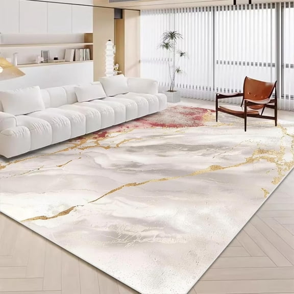 Machine Washable Area Rugs ,Luxury White Marble Carpet for Living Room Nordic Gold Decoration Home Tapis Non Slip Washable Rugs for Bedroom Floor Mat-5' x 8'