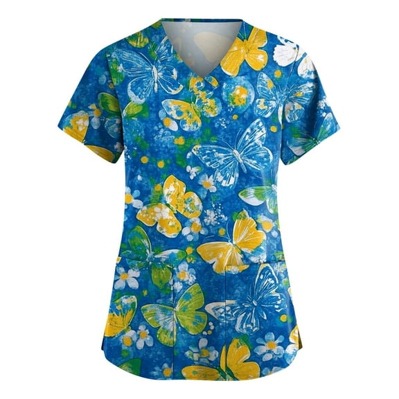 Machine Washable Black Scrub Top, Animal Print Tops For Women Breathable Workwear Scrubs Loose Fit Shirts V-Neck With Pockets Pink Nurses Dress Dresses Summer 2025 Blue