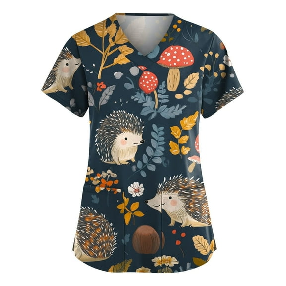 Machine Washable Black Scrub Top, Animal Print Tops For Women Breathable Workwear Scrubs Loose Fit Shirts V-Neck With Pockets Pink Nurses Dress Dresses Summer 2025 Grey