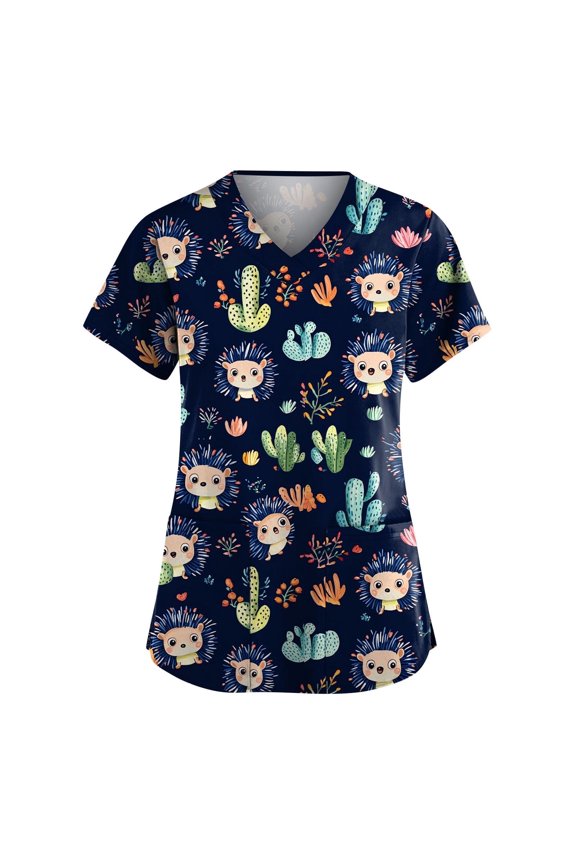 Machine Washable Black Scrub Top, Animal Print Tops For Women Breathable Workwear Scrubs Loose Fit Shirts V-Neck With Pockets Pink Nurses Dress Dresses Summer 2026 Blue