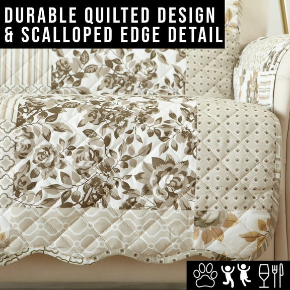 Machine Washable Couch Cover Reversible Patchwork Furniture Protector Slipcover, Chair, Taupe