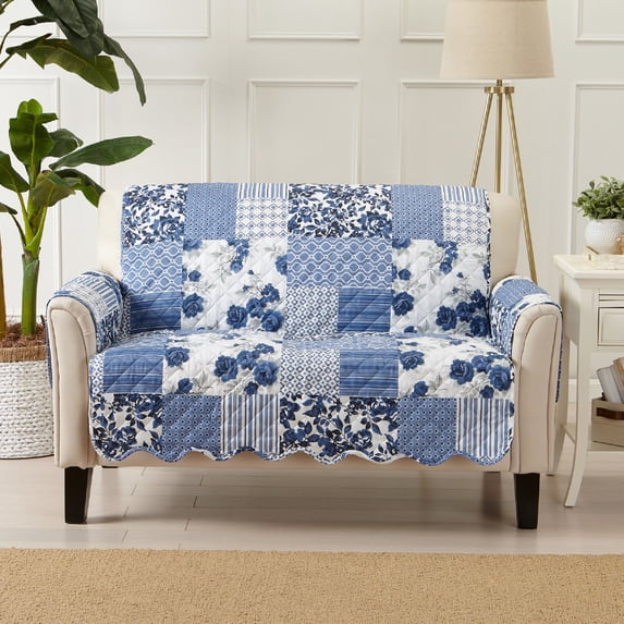 Reversible Patchwork Furniture Protector, Machine Washable Slipcover, Loveseat, Navy